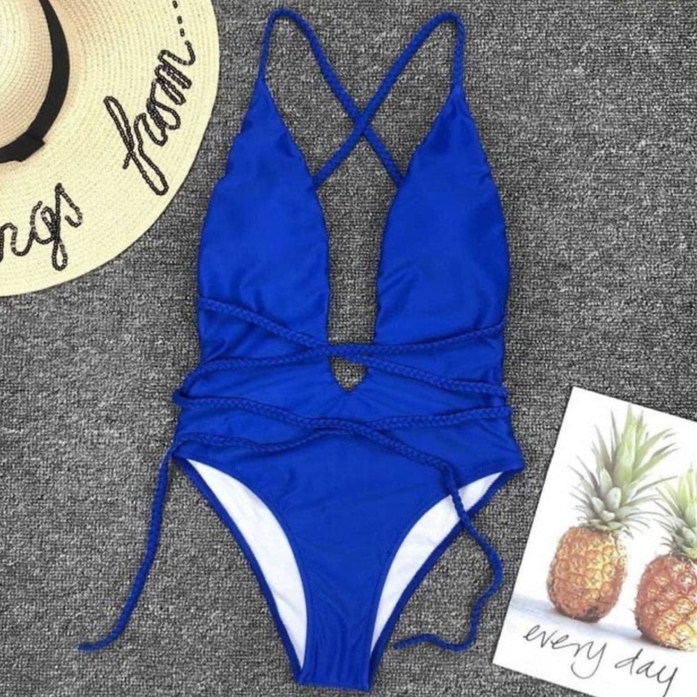 Neon blue one piece tie swimsuit